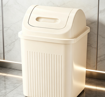 Cream White Ribbed Swing-Top Trash Can with Built-In Handle