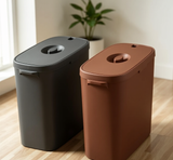 Ultra-Slim Press-Top Trash Can with Oval Flip Lid | Dark Grey & Brown